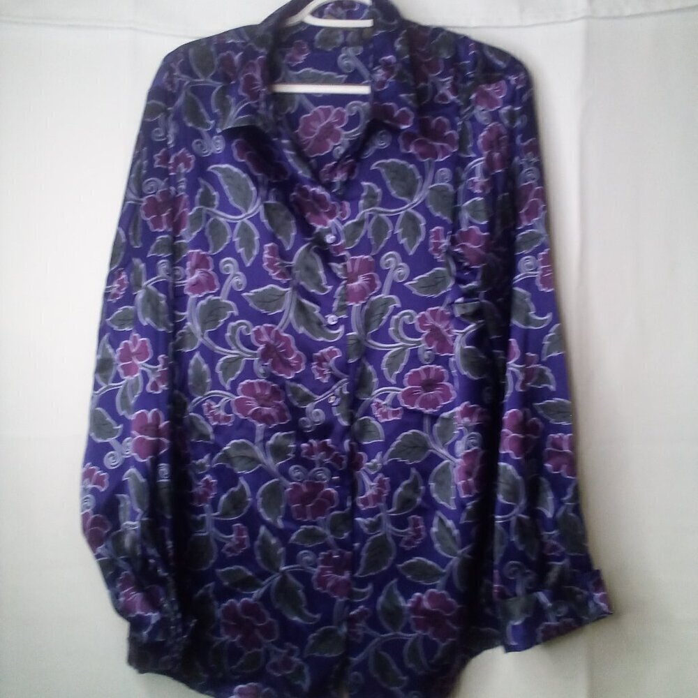Laura Scott Blouse Women 18W Button Up Long Sleeve Satin Floral Purple Green